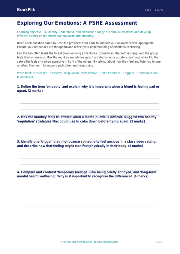 Free Feelings Assessment | Year 5 Greater Depth | BookFlik worksheet preview — Pshe Feelings