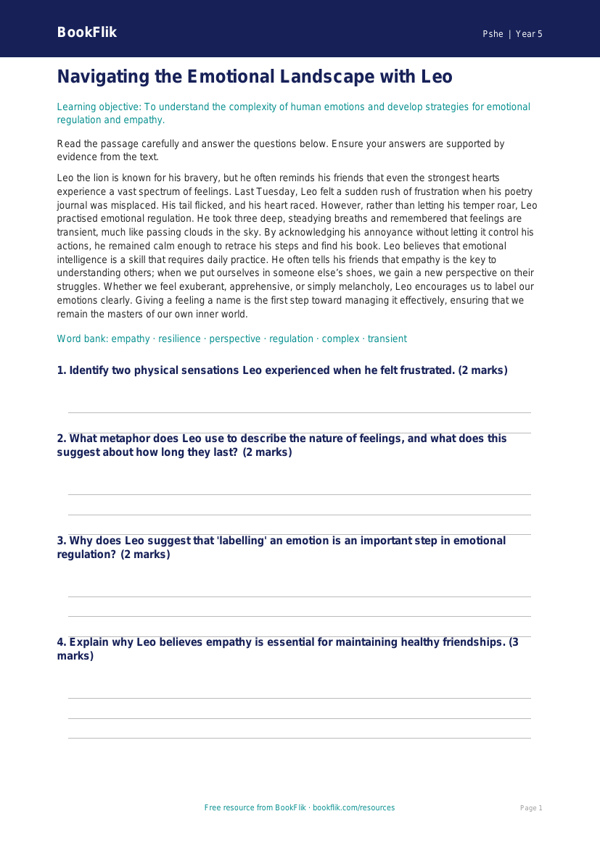 Free Feelings Comprehension | Year 5 Greater Depth | BookFlik worksheet preview — Pshe Feelings