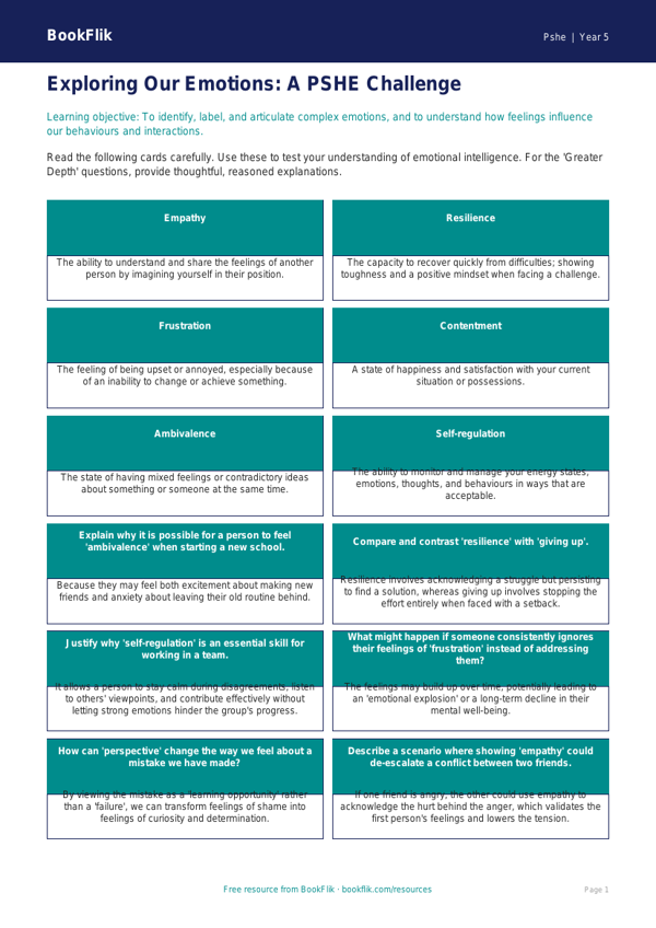 Free Feelings Flashcards | Year 5 Greater Depth | BookFlik worksheet preview — Pshe Feelings