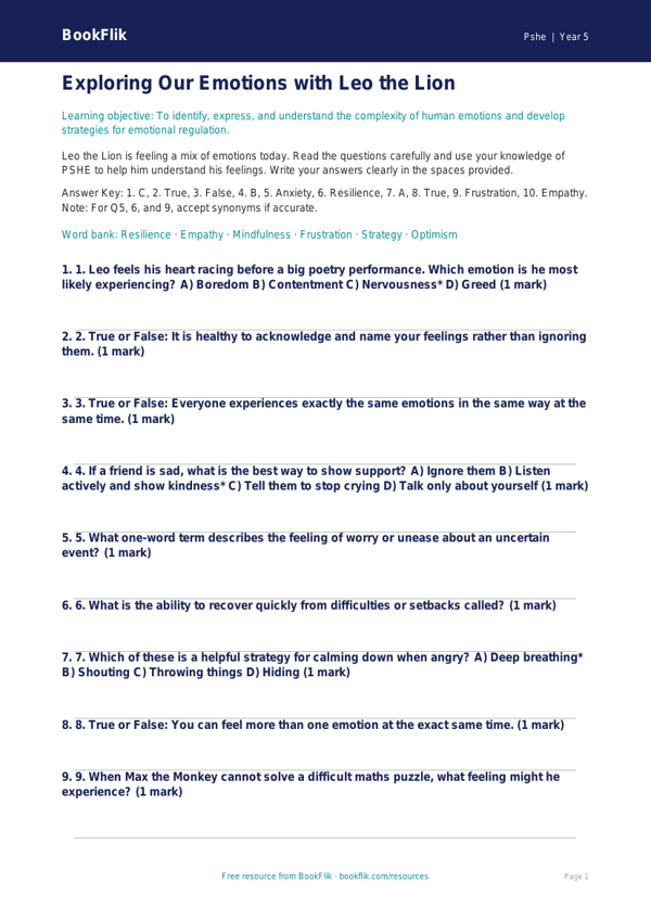 Free Feelings Quiz | Year 5 Greater Depth | BookFlik worksheet preview — Pshe Feelings