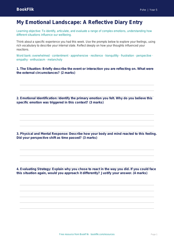 Free Feelings Template | Year 5 Greater Depth | BookFlik worksheet preview — Pshe Feelings