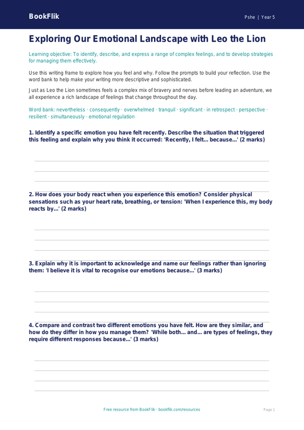 Free Feelings Writing Frame | Year 5 Greater Depth | BookFlik worksheet preview — Pshe Feelings
