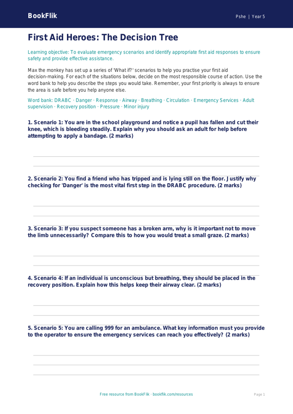 Free First Aid Activity Sheet | Year 5 Greater Depth | BookFlik worksheet preview — Pshe First Aid