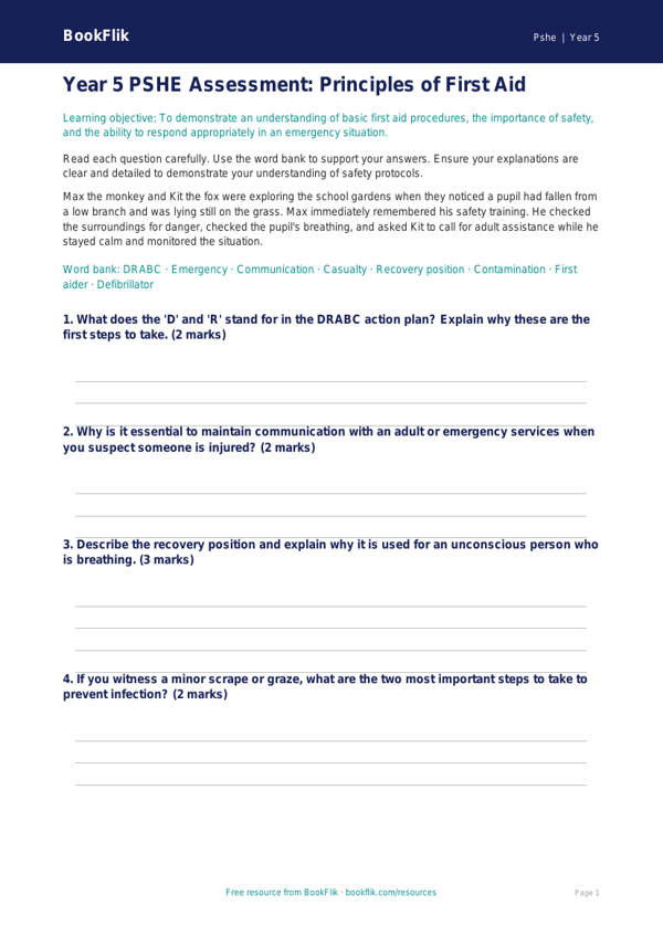 Free First Aid Assessment | Year 5 Greater Depth | BookFlik worksheet preview — Pshe First Aid