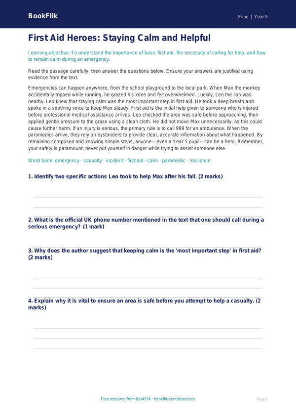 Free First Aid Comprehension | Year 5 Greater Depth | BookFlik worksheet preview — Pshe First Aid