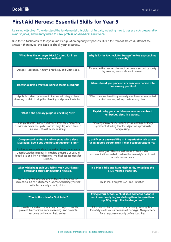 Free First Aid Flashcards | Year 5 Greater Depth | BookFlik worksheet preview — Pshe First Aid