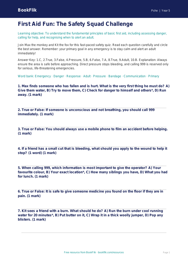 Free First Aid Quiz | Year 5 Greater Depth | BookFlik worksheet preview — Pshe First Aid