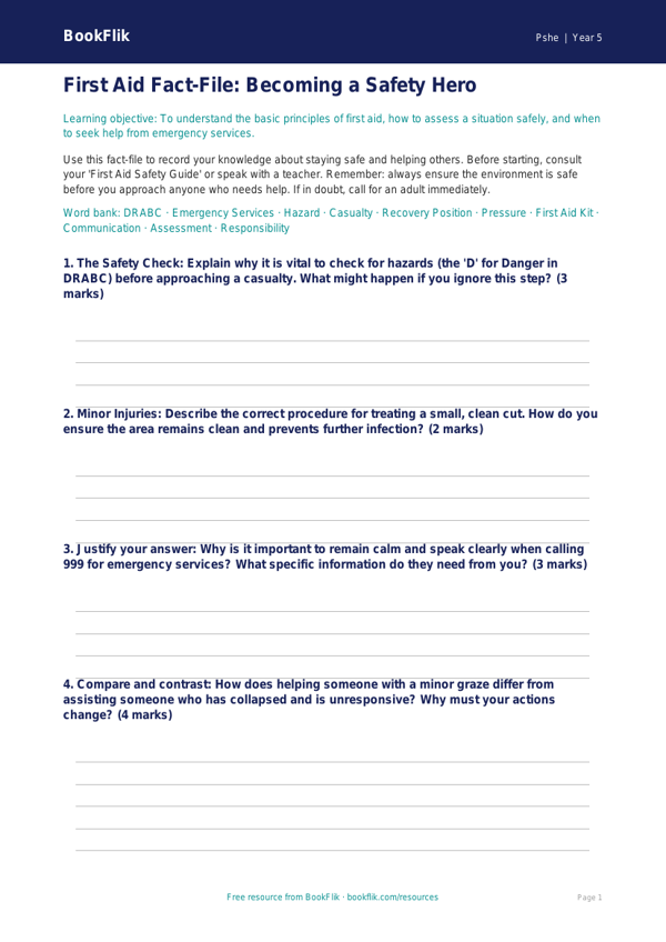 Free First Aid Template | Year 5 Greater Depth | BookFlik worksheet preview — Pshe First Aid