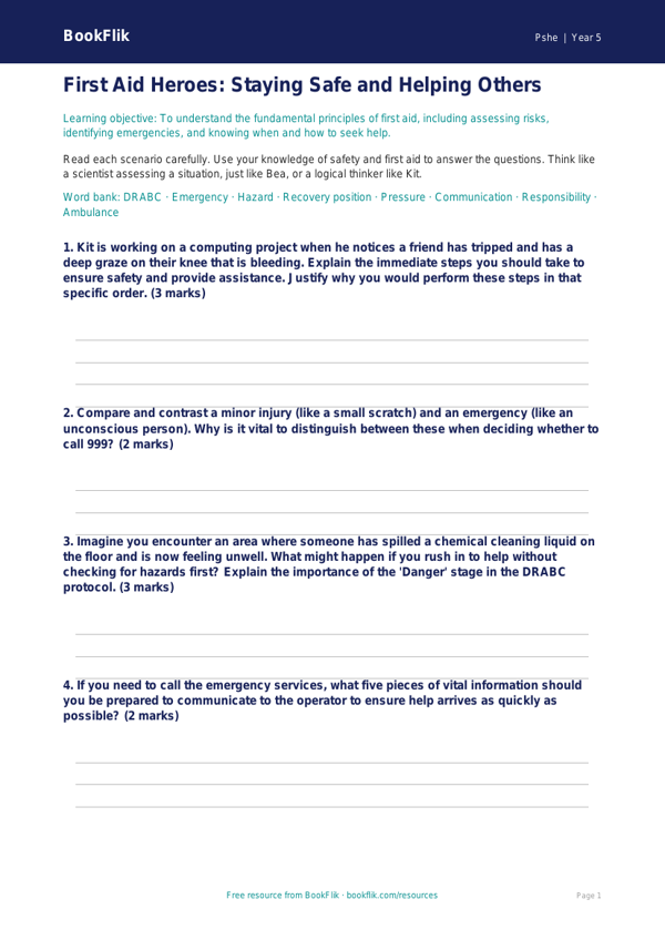 Free First Aid Worksheet | Year 5 Greater Depth | BookFlik worksheet preview — Pshe First Aid
