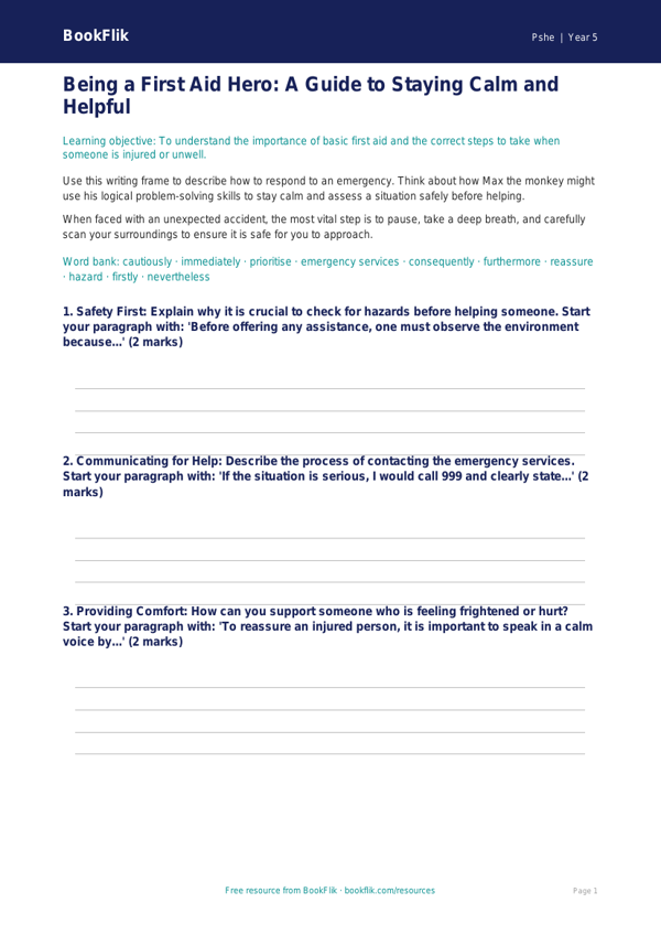 Free First Aid Writing Frame | Year 5 Greater Depth | BookFlik worksheet preview — Pshe First Aid