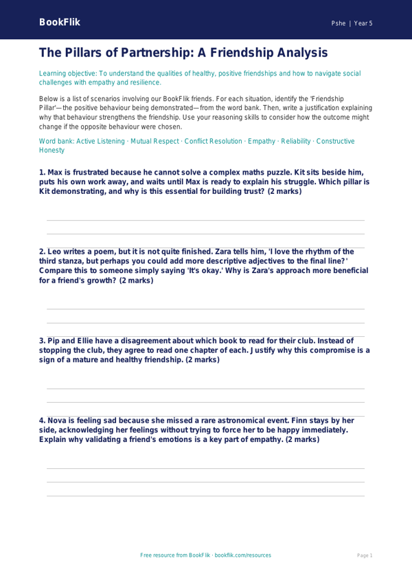 Free Friendship Activity Sheet | Year 5 Greater Depth | BookFlik worksheet preview — Pshe Friendship
