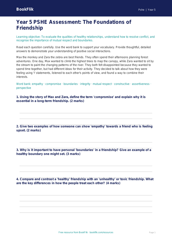 Free Friendship Assessment | Year 5 Greater Depth | BookFlik worksheet preview — Pshe Friendship