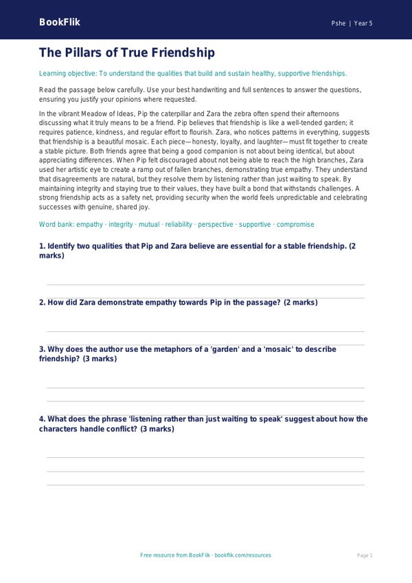 Free Friendship Comprehension | Year 5 Greater Depth | BookFlik worksheet preview — Pshe Friendship