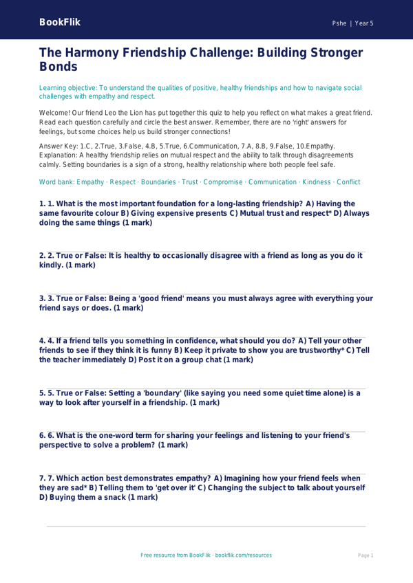 Free Friendship Quiz | Year 5 Greater Depth | BookFlik worksheet preview — Pshe Friendship