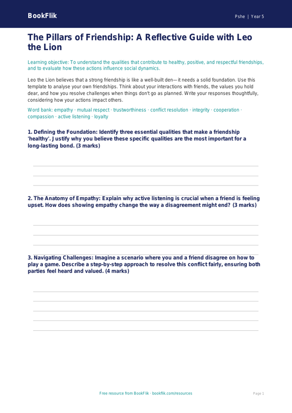 Free Friendship Template | Year 5 Greater Depth | BookFlik worksheet preview — Pshe Friendship