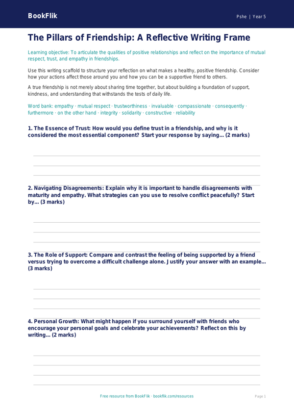 Free Friendship Writing Frame | Year 5 Greater Depth | BookFlik worksheet preview — Pshe Friendship