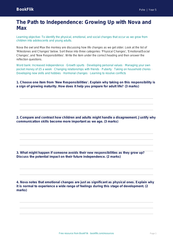 Free Growing Up Activity Sheet | Year 5 Greater Depth | BookFlik worksheet preview — Pshe Growing Up