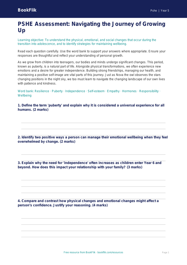Free Growing Up Assessment | Year 5 Greater Depth | BookFlik worksheet preview — Pshe Growing Up