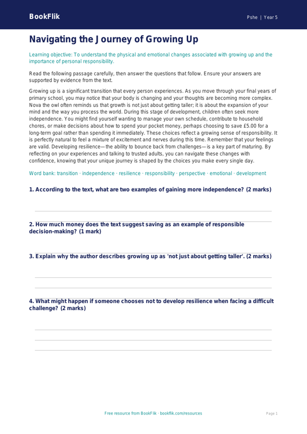 Free Growing Up Comprehension | Year 5 Greater Depth | BookFlik worksheet preview — Pshe Growing Up