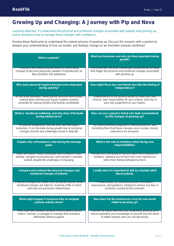 Free Growing Up Flashcards | Year 5 Greater Depth | BookFlik worksheet preview — Pshe Growing Up