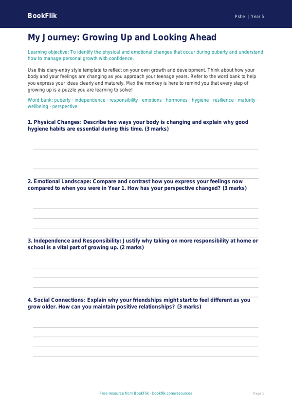 Free Growing Up Template | Year 5 Greater Depth | BookFlik worksheet preview — Pshe Growing Up