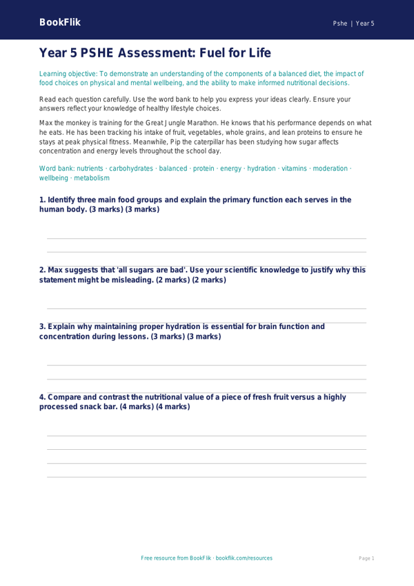 Free Healthy Eating Assessment | Year 5 Greater Depth | BookFlik worksheet preview — Pshe Healthy Eating
