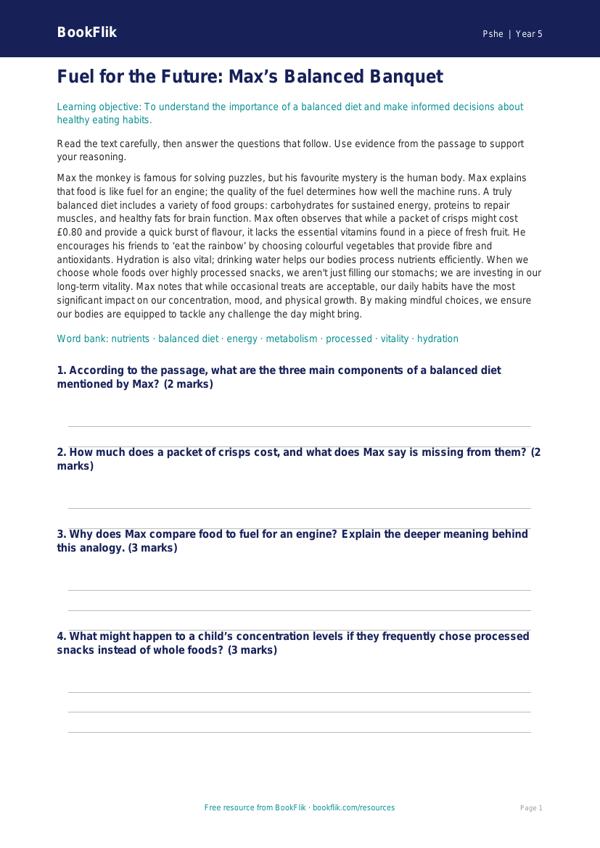 Free Healthy Eating Comprehension | Year 5 Greater Depth | BookFlik worksheet preview — Pshe Healthy Eating