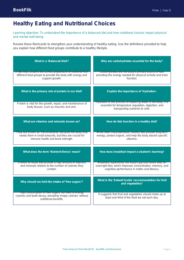 Free Healthy Eating Flashcards | Year 5 Greater Depth | BookFlik worksheet preview — Pshe Healthy Eating