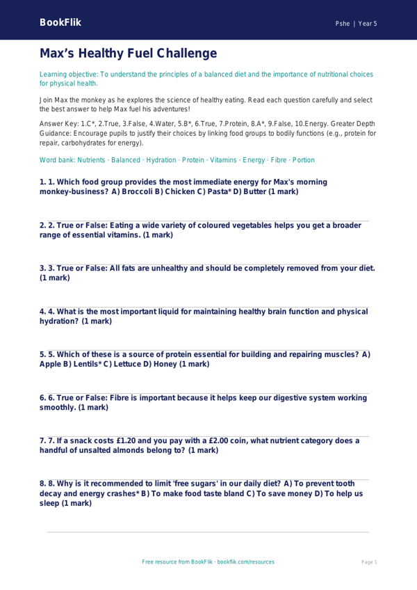 Free Healthy Eating Quiz | Year 5 Greater Depth | BookFlik worksheet preview — Pshe Healthy Eating