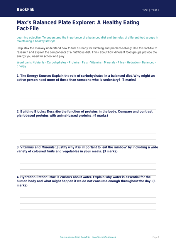 Free Healthy Eating Template | Year 5 Greater Depth | BookFlik worksheet preview — Pshe Healthy Eating