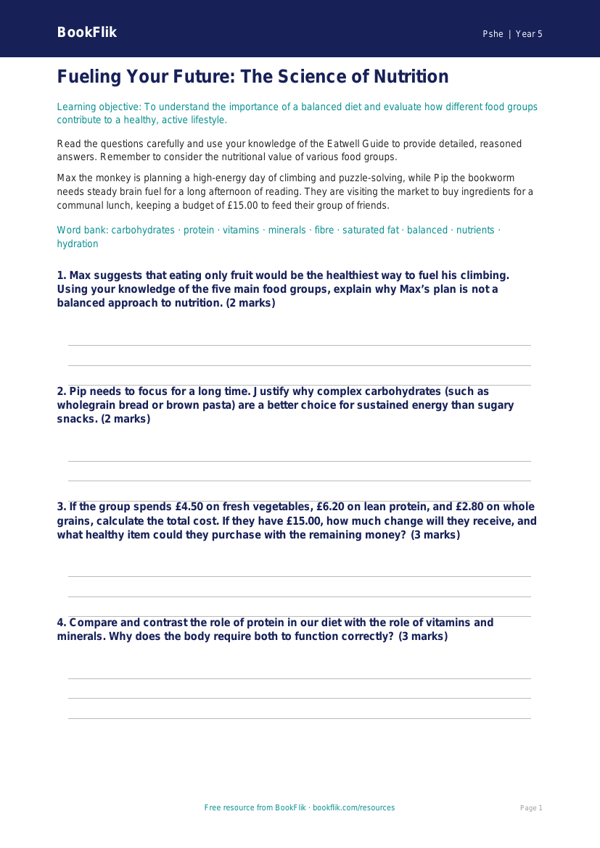 Free Healthy Eating Worksheet | Year 5 Greater Depth | BookFlik worksheet preview — Pshe Healthy Eating