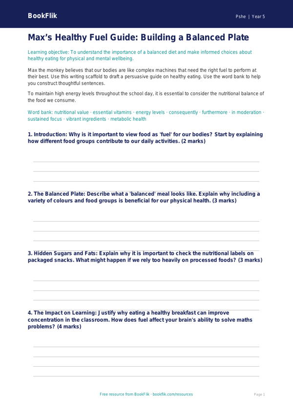 Free Healthy Eating Writing Frame | Year 5 Greater Depth | BookFlik worksheet preview — Pshe Healthy Eating