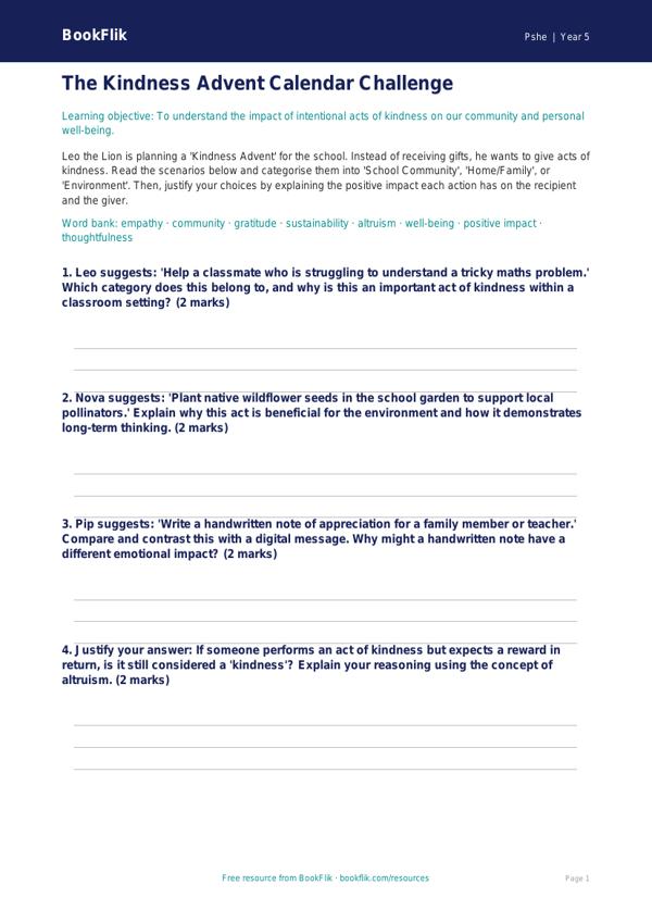 Free Kindness Advent Activity Sheet | Year 5 Greater Depth | BookFlik worksheet preview — Pshe Kindness Advent