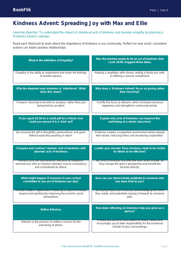 Free Kindness Advent Flashcards | Year 5 Greater Depth | BookFlik worksheet preview — Pshe Kindness Advent
