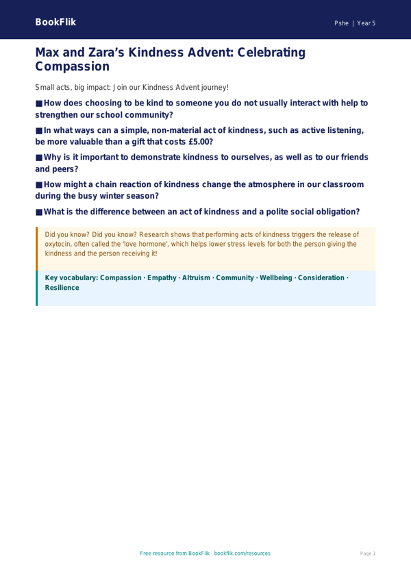 Free Kindness Advent Poster | Year 5 Greater Depth | BookFlik worksheet preview — Pshe Kindness Advent