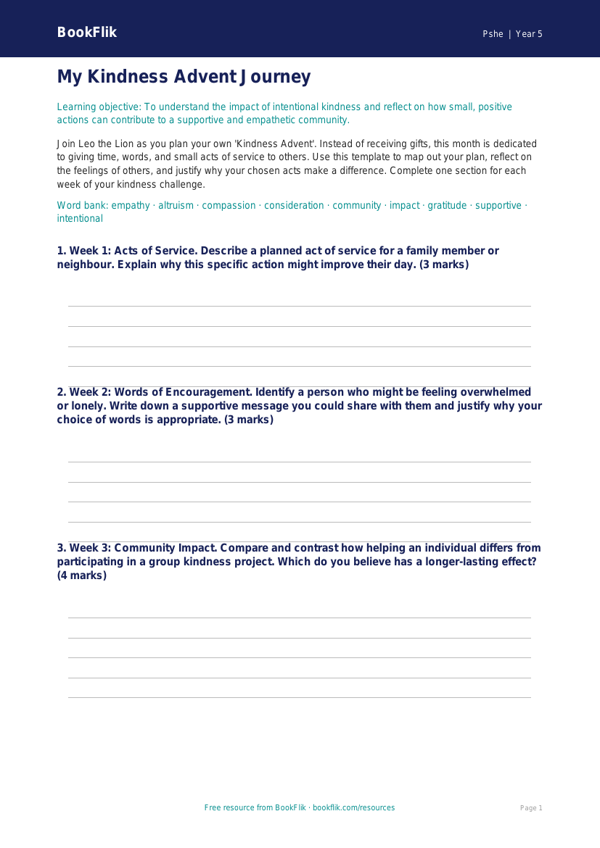 Free Kindness Advent Template | Year 5 Greater Depth | BookFlik worksheet preview — Pshe Kindness Advent