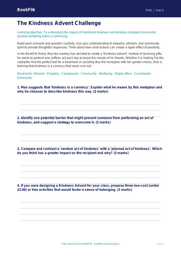 Free Kindness Advent Worksheet | Year 5 Greater Depth | BookFlik worksheet preview — Pshe Kindness Advent