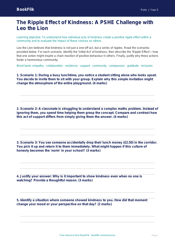 Free Kindness Activity Sheet | Year 5 Greater Depth | BookFlik worksheet preview — Pshe Kindness