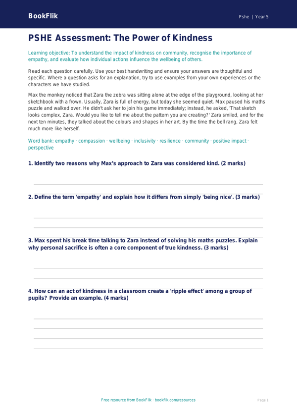 Free Kindness Assessment | Year 5 Greater Depth | BookFlik worksheet preview — Pshe Kindness