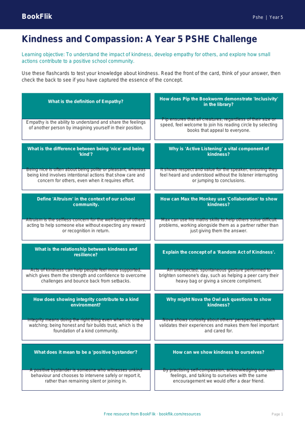 Free Kindness Flashcards | Year 5 Greater Depth | BookFlik worksheet preview — Pshe Kindness