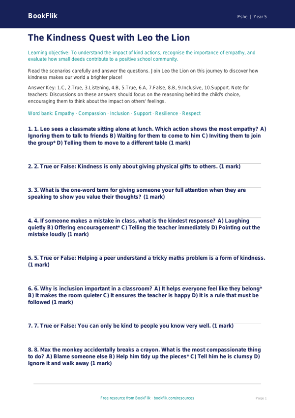 Free Kindness Quiz | Year 5 Greater Depth | BookFlik worksheet preview — Pshe Kindness