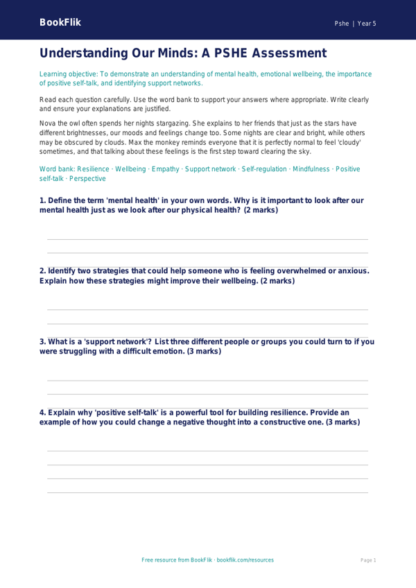 Free Mental Health Assessment | Year 5 Greater Depth | BookFlik worksheet preview — Pshe Mental Health