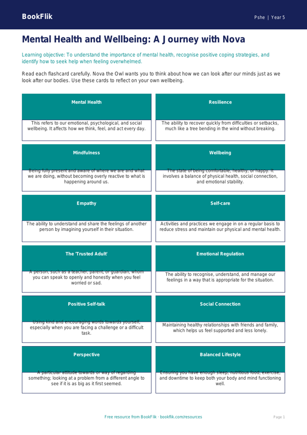 Free Mental Health Flashcards | Year 5 Greater Depth | BookFlik worksheet preview — Pshe Mental Health