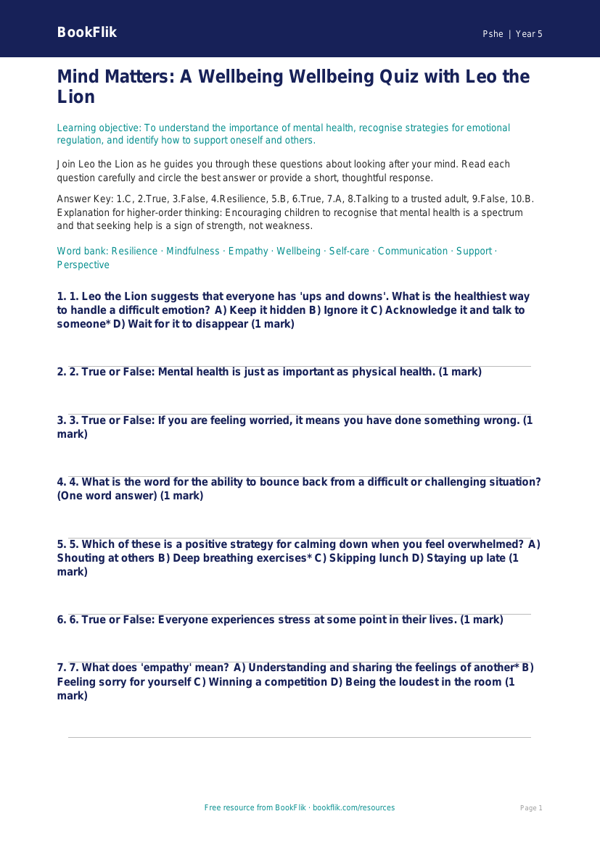 Free Mental Health Quiz | Year 5 Greater Depth | BookFlik worksheet preview — Pshe Mental Health