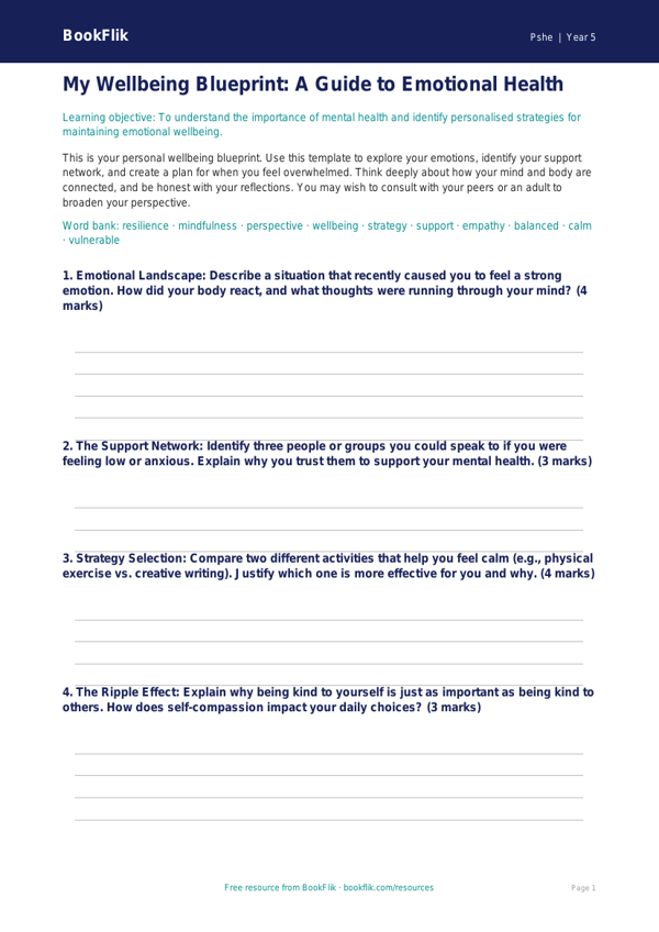 Free Mental Health Template | Year 5 Greater Depth | BookFlik worksheet preview — Pshe Mental Health