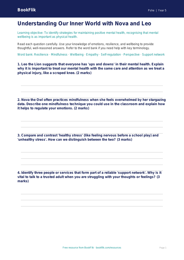 Free Mental Health Worksheet | Year 5 Greater Depth | BookFlik worksheet preview — Pshe Mental Health