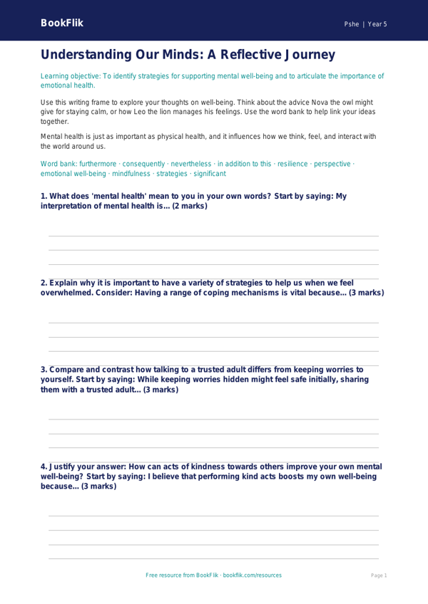 Free Mental Health Writing Frame | Year 5 Greater Depth | BookFlik worksheet preview — Pshe Mental Health