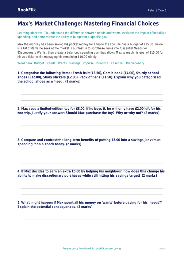 Free Money Activity Sheet | Year 5 Greater Depth | BookFlik worksheet preview — Pshe Money