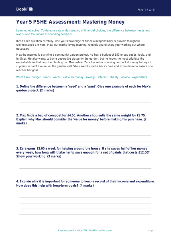 Free Money Assessment | Year 5 Greater Depth | BookFlik worksheet preview — Pshe Money
