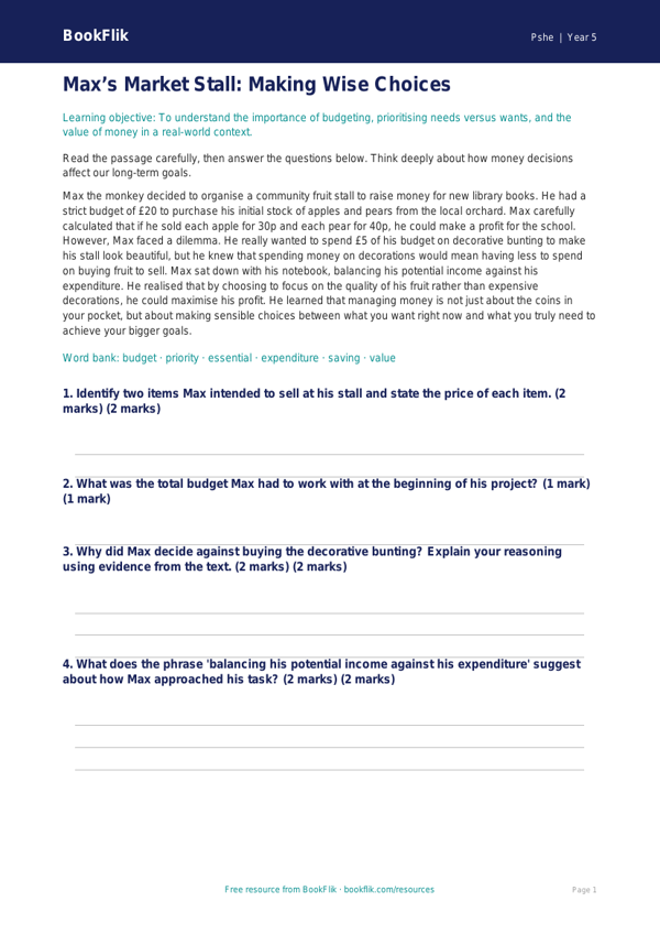 Free Money Comprehension | Year 5 Greater Depth | BookFlik worksheet preview — Pshe Money